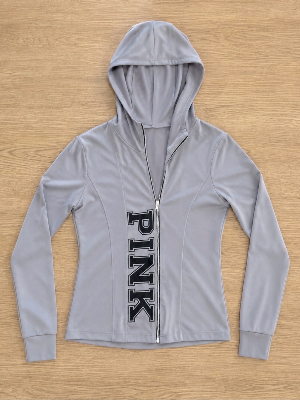 PINK Victoria's Secret Light Gray Full-Zip Hoodie with Vertical Logo